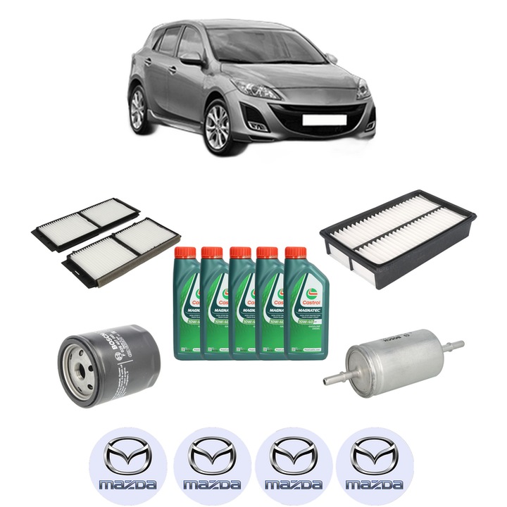 Pachet filtre revizie Bosch, 5 litrii ulei Castrol 10W40 MAZDA 3 (BL) 2.0 MZR DISI (BLEFW) din 2008-2013, 4x Stickere auto cu MAZDA