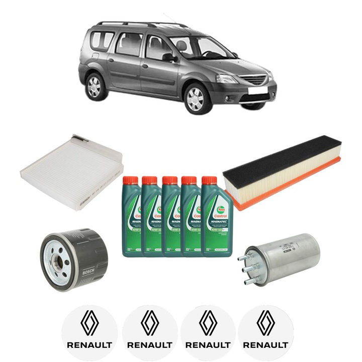 Pachet filtre revizie Bosch, 5 litrii ulei Castrol 10W40 RENAULT LOGAN I Estate (KS_) 1.5 dCi din 2008-2015, 4x Stickere auto cu RENAULT