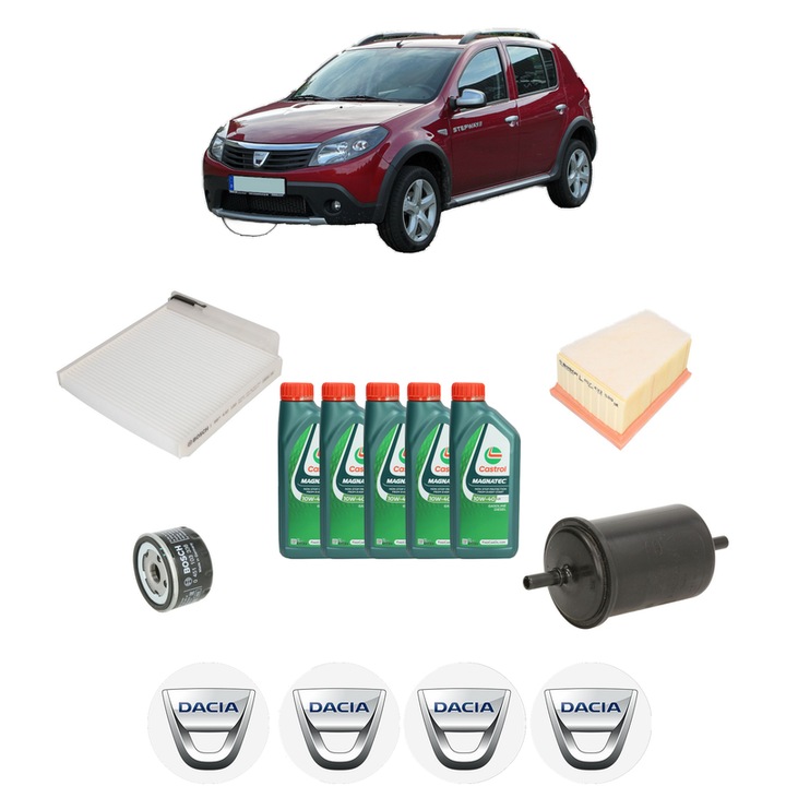 Pachet filtre revizie Bosch, 5 litrii ulei Castrol 10W40 DACIA SANDERO 1.6 16V Bifuel din 2011, 4x Stickere auto cu DACIA
