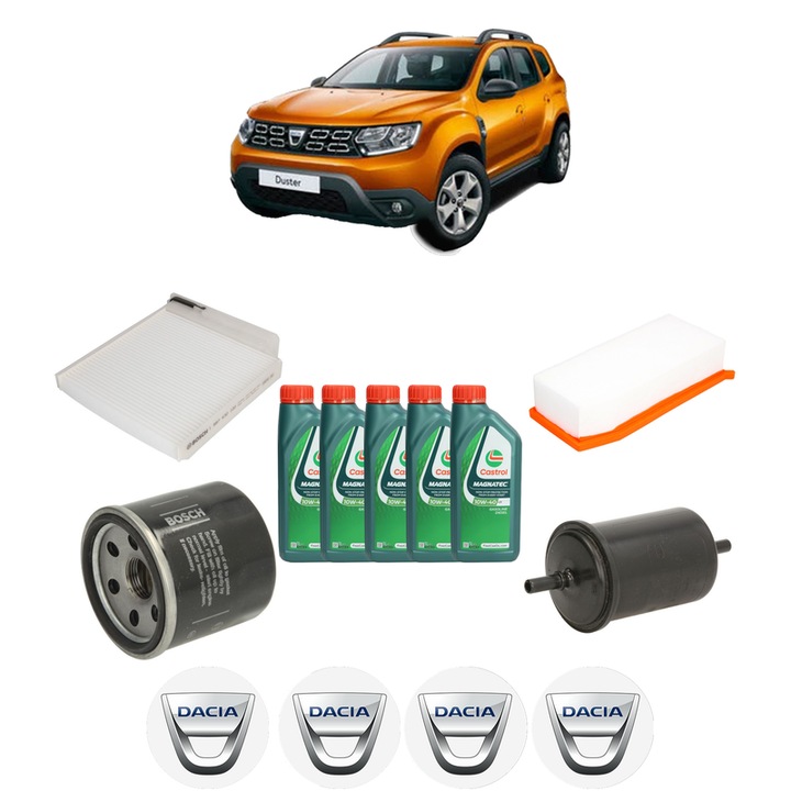 Pachet filtre revizie Bosch, 5 litrii ulei Castrol 10W40 DACIA DUSTER SUV Van 1.6 SCe 115 din 2015, 4x Stickere auto cu DACIA