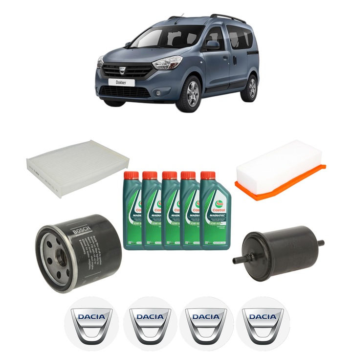 Pachet filtre revizie Bosch, 5 litrii ulei Castrol 10W40 DACIA DOKKER Box Body/MPV 1.6 LPG din 2015-2021, 4x Stickere auto cu DACIA