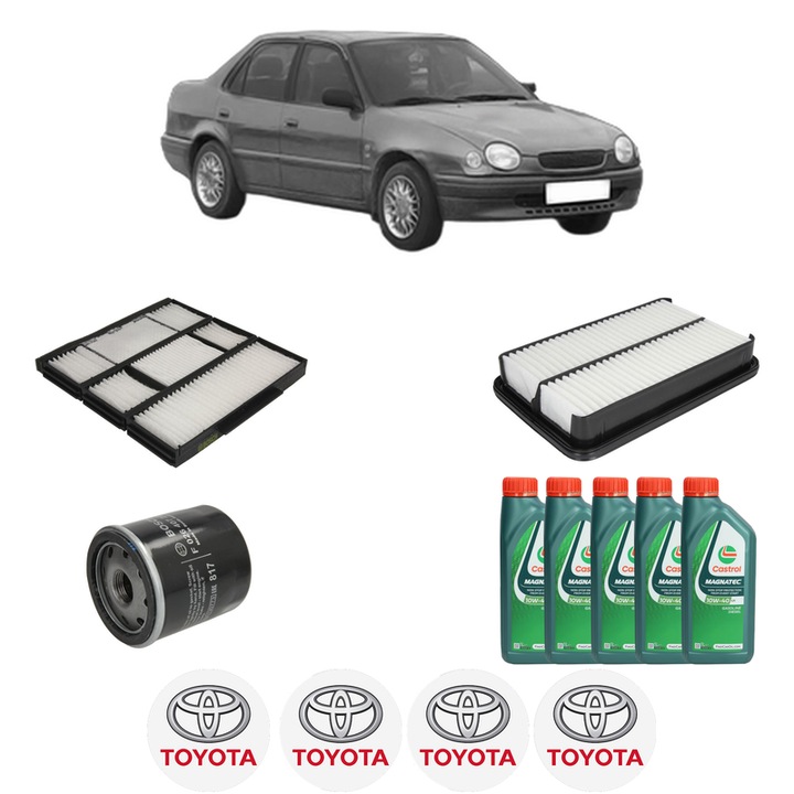 Pachet filtre revizie Bosch, 5 litrii ulei Castrol 10W40 TOYOTA COROLLA (_E11_) 1.4 16V (ZZE111_, ZZE111R) din 2000-2001, 4x Stickere auto cu TOYOTA