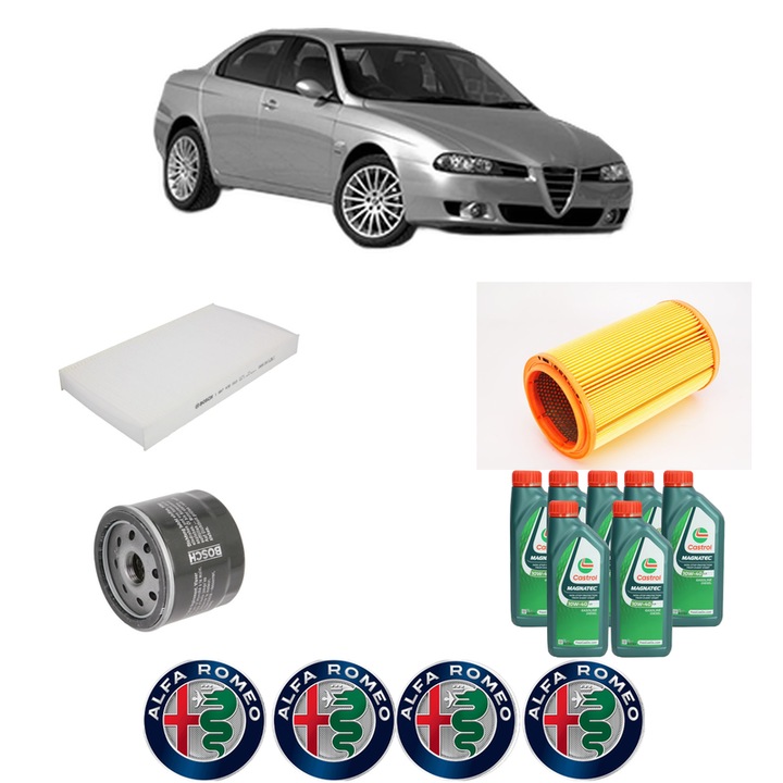 Pachet filtre revizie Bosch, 7 litrii ulei Castrol 10W40 ALFA ROMEO 156 (932_) 2.5 V6 24V (932A11_) din 2000-2005, 4x Stickere auto cu ALFA ROMEO