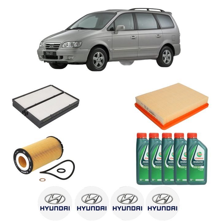 Pachet filtre revizie Bosch, 5 litrii ulei Castrol 10W40 HYUNDAI TRAJET (FO) 2.7 V6 din 2000-2008, 4x Stickere auto cu HYUNDAI