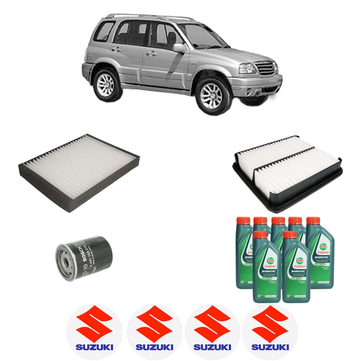 Pachet filtre revizie Bosch, 7 litrii ulei Castrol 10W40 SUZUKI GRAND VITARA I (FT, HT) 2.5 V6 24V 4x4 (SQ625) din 2001-2003, 4x Stickere auto cu SUZUKI