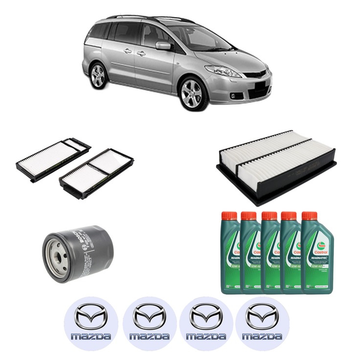 Pachet filtre revizie Bosch, 5 litrii ulei Castrol 10W40 MAZDA 5 (CR) 1.8 (CR19) din 2005-2010, 4x Stickere auto cu MAZDA