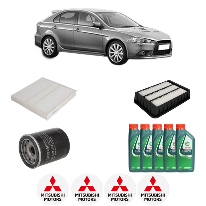 Pachet filtre revizie Bosch, 5 litrii ulei Castrol 10W40 MITSUBISHI LANCER VIII Sportback (CX_A) 1.8 (CX3A) din 2008, 4x Stickere auto cu MITSUBISHI