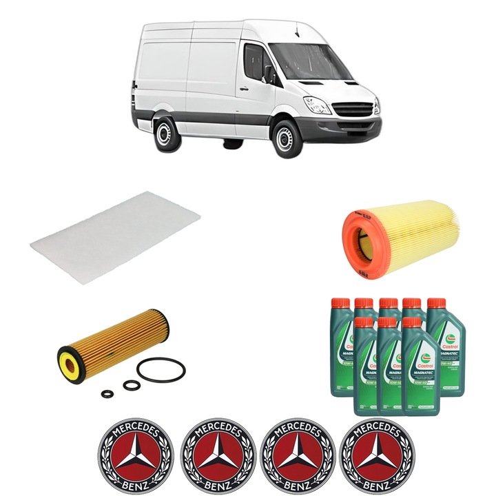 Pachet filtre revizie Bosch, 8 litrii ulei Castrol 10W40 MERCEDES-BENZ SPRINTER 3, 5-t Van (B906) 316 (906.635, 906.633) din 2008-2018, 4x Stickere auto cu MERCEDES-BENZ