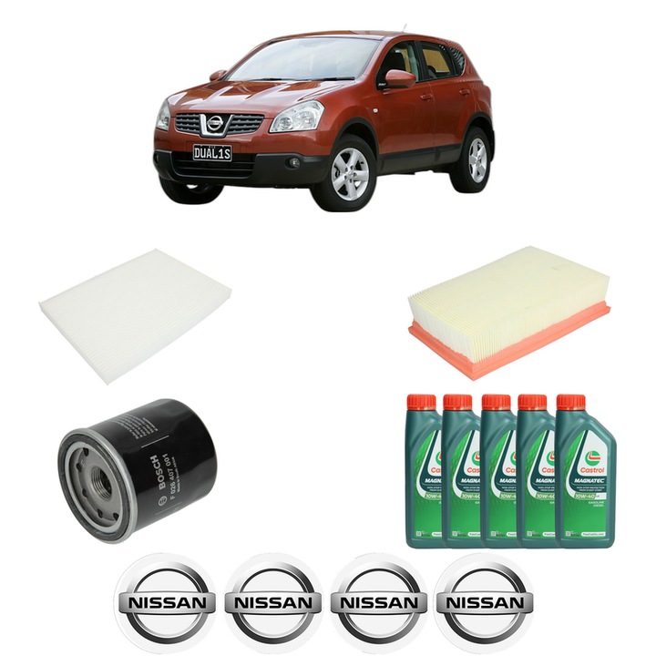 Pachet filtre revizie Bosch, 5 litrii ulei Castrol 10W40 NISSAN QASHQAI I (J10, NJ10) 1.6 LPG din 2010-2013, 4x Stickere auto cu NISSAN