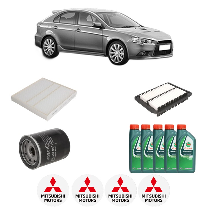 Pachet filtre revizie Bosch, 5 litrii ulei Castrol 10W40 MITSUBISHI LANCER VIII Sportback (CX_A) 1.6 MIVEC din 2010, 4x Stickere auto cu MITSUBISHI