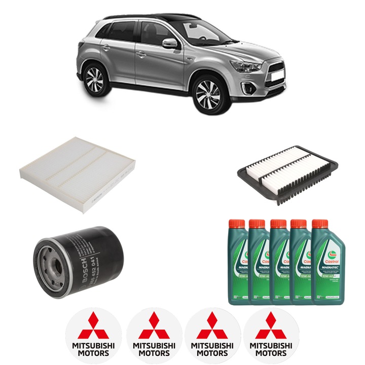 Pachet filtre revizie Bosch, 5 litrii ulei Castrol 10W40 MITSUBISHI ASX (GA_W_) 1.6 LPG din 2010, 4x Stickere auto cu MITSUBISHI