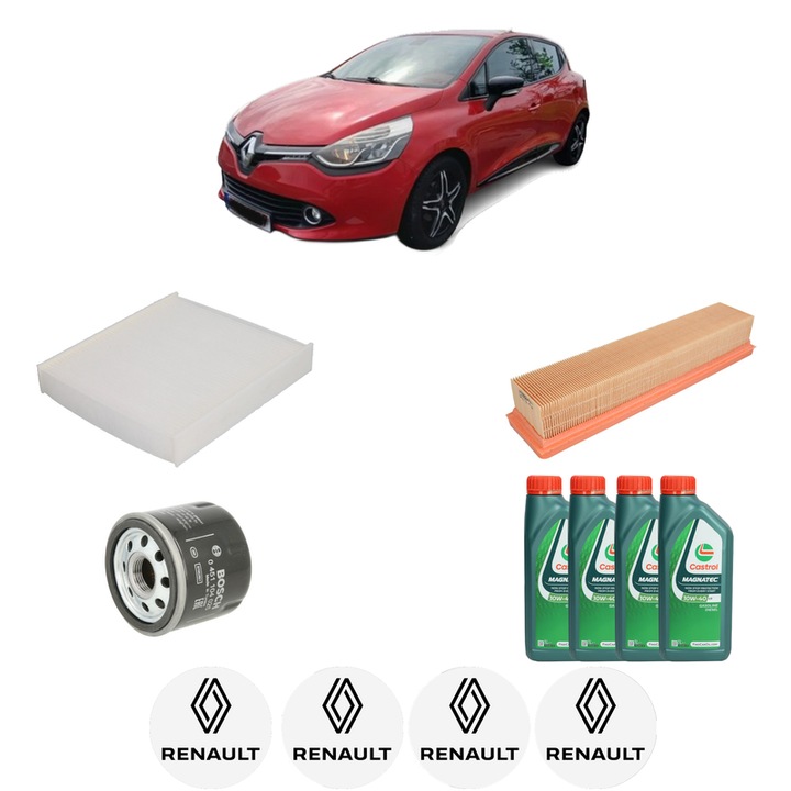Pachet filtre revizie Bosch, 4 litrii ulei Castrol 10W40 RENAULT CLIO IV (BH_) 1.2 16V din 2012-2021, 4x Stickere auto cu RENAULT