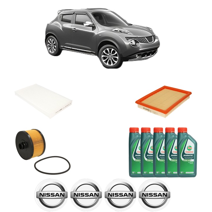 Pachet filtre revizie Bosch, 5 litrii ulei Castrol 10W40 NISSAN JUKE (F15) 1.2 DIG-T din 2014-2019, 4x Stickere auto cu NISSAN