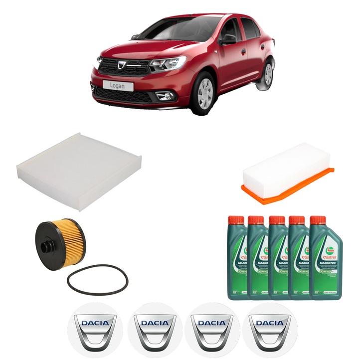 Pachet filtre revizie Bosch, 5 litrii ulei Castrol 10W40 DACIA LOGAN II TCe 90 LPG din 2015, 4x Stickere auto cu DACIA