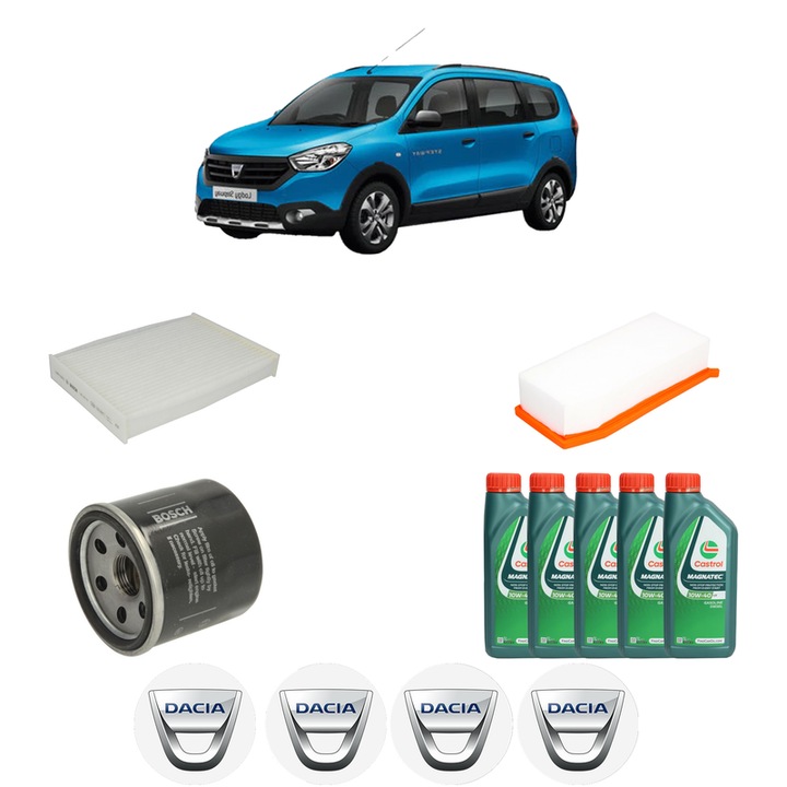 Pachet filtre revizie Bosch, 5 litrii ulei Castrol 10W40 DACIA LODGY (JS_) 1.6 LPG (JSAV) din 2015, 4x Stickere auto cu DACIA