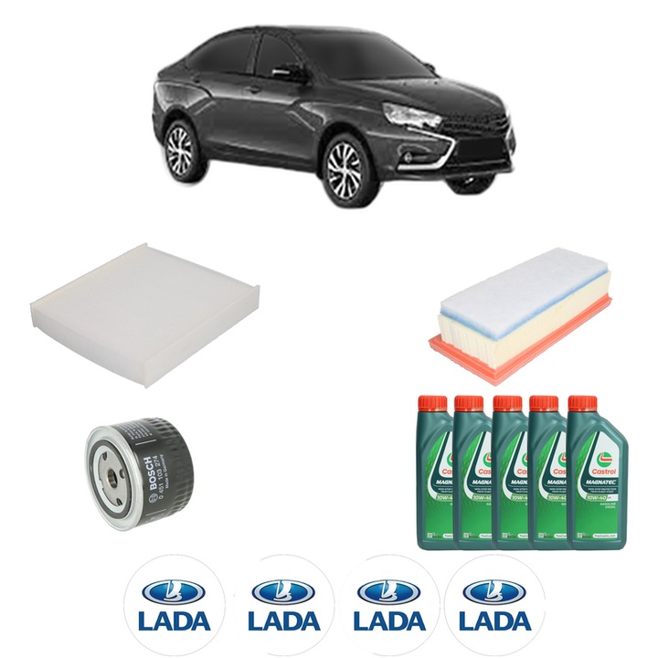 Pachet filtre revizie Bosch, 5 litrii ulei Castrol 10W40 LADA VESTA (GFL_) 1.6 CNG (GFLA1) din 2017, 4x Stickere auto cu LADA
