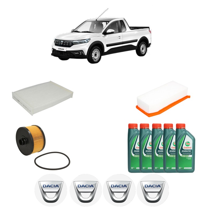 Pachet filtre revizie Bosch, 5 litrii ulei Castrol 10W40 DACIA DOKKER Pickup 1.2 TCe 115 din 2018-2021, 4x Stickere auto cu DACIA