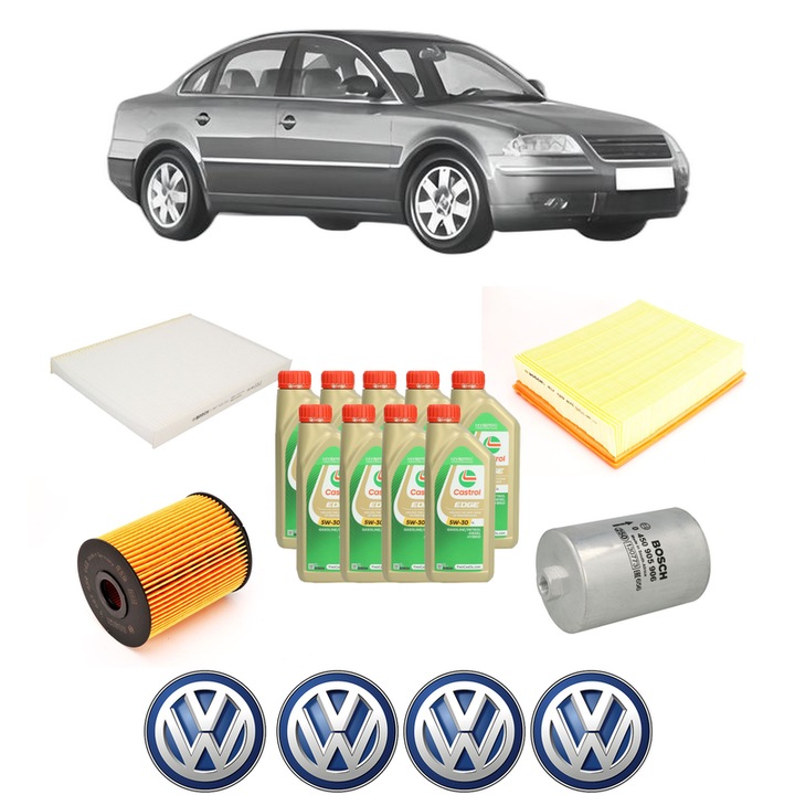 Pachet filtre revizie Bosch, 9 litrii ulei Castrol 5W30 Volkswagen PASSAT B5.5 (3B3) 4.0 W8 4motion din 2001-2004, 4x Stickere auto cu Volkswagen