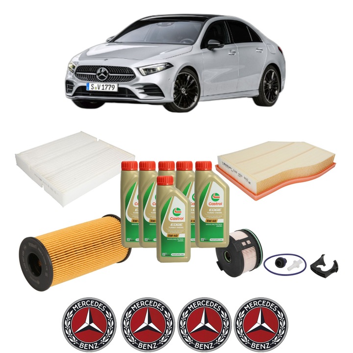Pachet filtre revizie Bosch, 6 litrii ulei Castrol 5W40 MERCEDES-BENZ A-CLASS Saloon (V177) A 180 d (177.103) din 2018, 4x Stickere auto cu MERCEDES-BENZ