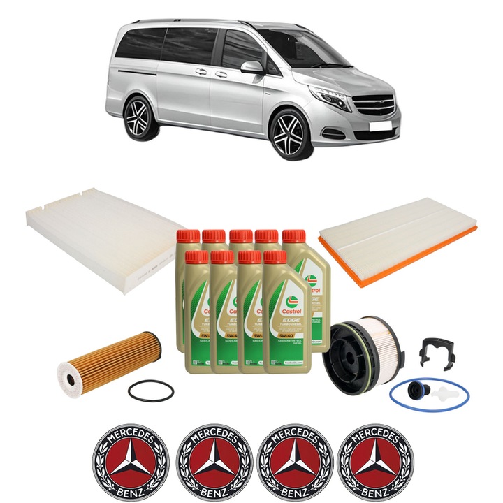 Pachet filtre revizie Bosch, 9 litrii ulei Castrol 5W40 MERCEDES-BENZ VITO Mixto (Double Cabin) (W447) 119 CDI (447.701, 447.703, 447.705) din 2019, 4x Stickere auto cu MERCEDES-BENZ