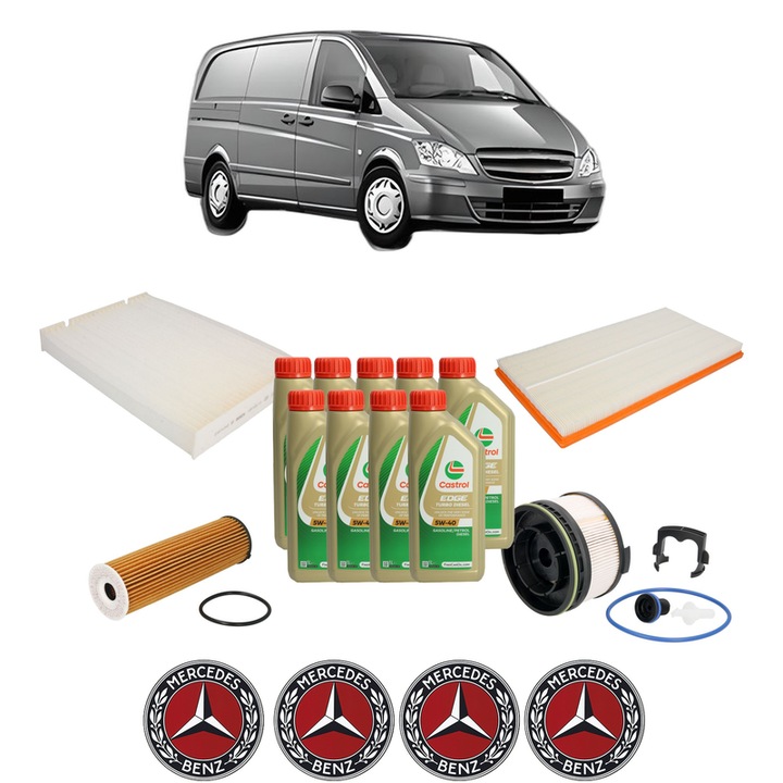 Pachet filtre revizie Bosch, 9 litrii ulei Castrol 5W40 MERCEDES-BENZ VITO Van (W447) 116 CDI (447.601, 447.603, 447.605) din 2020, 4x Stickere auto cu MERCEDES-BENZ