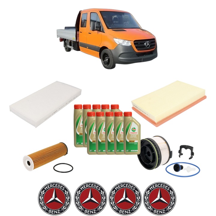 Pachet filtre revizie Bosch, 10 litrii ulei Castrol 5W40 MERCEDES-BENZ SPRINTER 3, 5-t Platform/Chassis (B907, B910) 319 CDI RWD (907.133, 907.135, 907.233, 907.235) din 2021, 4x Stickere auto cu MERCEDES-BENZ