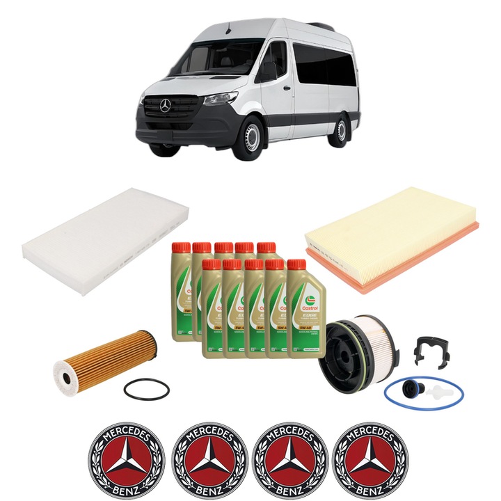 Pachet filtre revizie Bosch, 10 litrii ulei Castrol 5W40 MERCEDES-BENZ SPRINTER 3, 5-t Tourer Bus (B907) 319 CDI All-wheel Drive (907.733) din 2021, 4x Stickere auto cu MERCEDES-BENZ