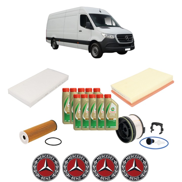 Pachet filtre revizie Bosch, 10 litrii ulei Castrol 5W40 MERCEDES-BENZ SPRINTER 4-t Van (B907, B910) 419 CDI All-wheel Drive (907.643, 907.645, 907.647) din 2021, 4x Stickere auto cu MERCEDES-BENZ