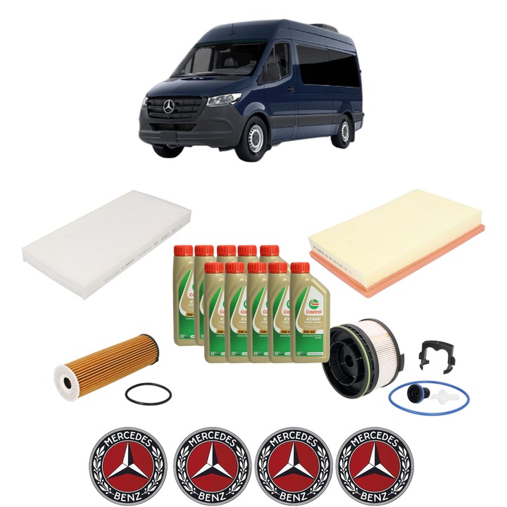 Pachet filtre revizie Bosch, 10 litrii ulei Castrol 5W40 MERCEDES-BENZ SPRINTER 3, 5-t Van (B907, B910) 319 CDI RWD (907.633, 907.635, 907.637) din 2021, 4x Stickere auto cu MERCEDES-BENZ