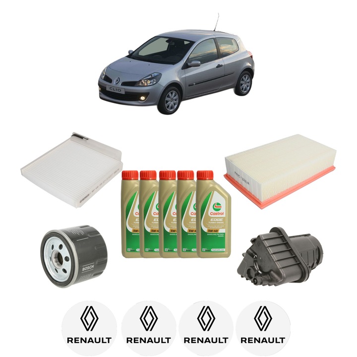 Pachet filtre revizie Bosch, 5 litrii ulei Castrol 5W40 RENAULT CLIO III (BR0/1, CR0/1) 1.5 dCi (BR1C, CR1C) din 2005-2012, 4x Stickere auto cu RENAULT