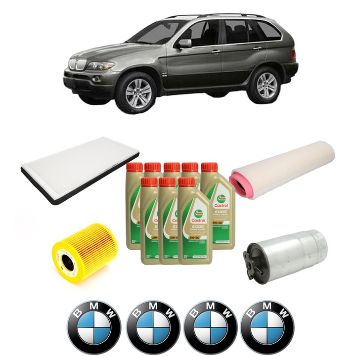 Pachet filtre revizie Bosch, 8 litrii ulei Castrol 5W40 BMW Seria X5 (E53) 3.0 d din 2001-2003, 4x Stickere auto cu BMW