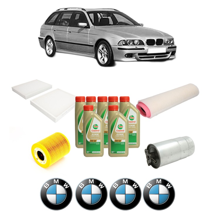 Pachet filtre revizie Bosch, 7 litrii ulei Castrol 5W40 BMW Seria 5 Touring (E39) 530 d din 2000-2004, 4x Stickere auto cu BMW