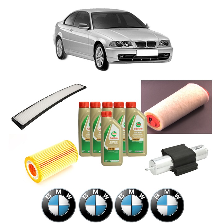 Pachet filtre revizie Bosch, 6 litrii ulei Castrol 5W40 BMW Seria 3 (E46) 318 d din 2003-2005, 4x Stickere auto cu BMW