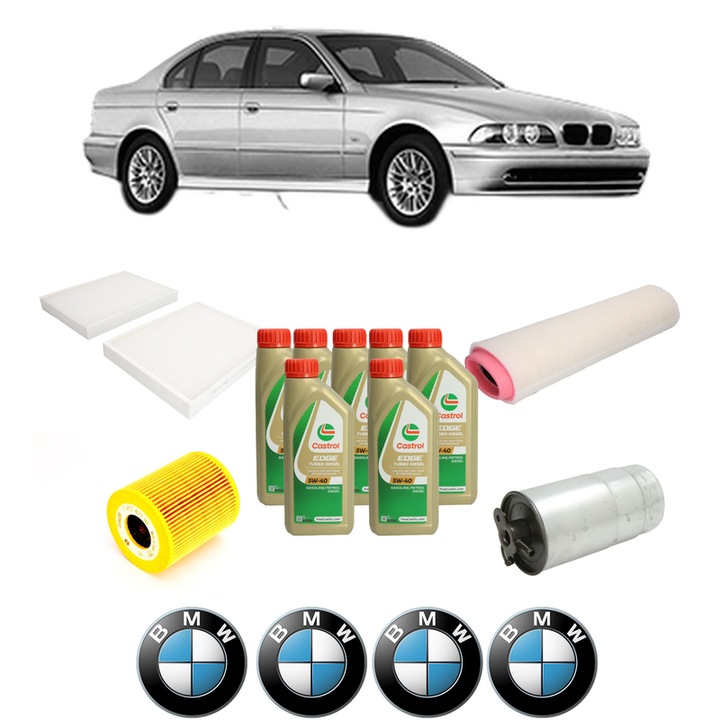 Pachet filtre revizie Bosch, 7 litrii ulei Castrol 5W40 BMW Seria 5 (E39) 525 d din 2000-2003, 4x Stickere auto cu BMW
