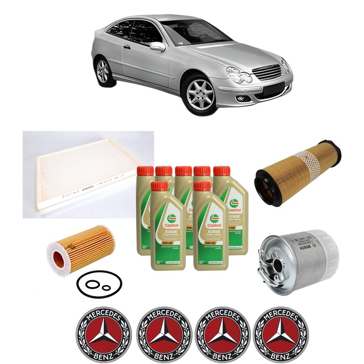 Pachet filtre revizie Bosch, 7 litrii ulei Castrol 5W40 MERCEDES-BENZ C-CLASS Coupe (CL203) C 220 CDI (203.708) din 2004-2008, 4x Stickere auto cu MERCEDES-BENZ