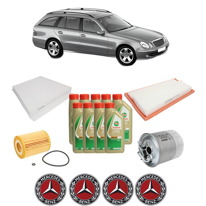 Pachet filtre revizie Bosch, 9 litrii ulei Castrol 5W40 MERCEDES-BENZ E-CLASS T-Model (S211) E 280 T CDI 4-matic (211.284) din 2005-2009, 4x Stickere auto cu MERCEDES-BENZ