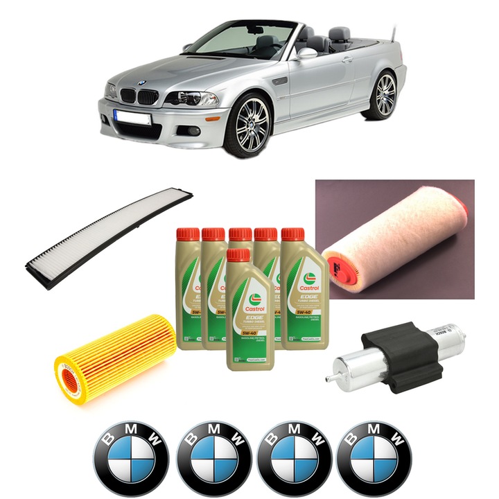 Pachet filtre revizie Bosch, 6 litrii ulei Castrol 5W40 BMW Seria 3 Convertible (E46) 320 Cd din 2005-2007, 4x Stickere auto cu BMW