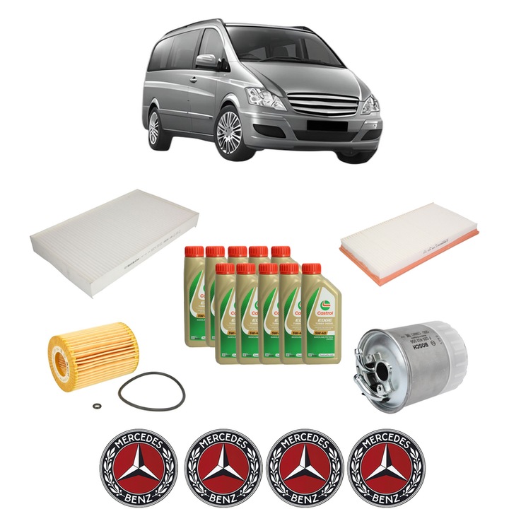 Pachet filtre revizie Bosch, 10 litrii ulei Castrol 5W40 MERCEDES-BENZ VIANO (W639) CDI 3.0 (639.811, 639.813, 639.815) din 2006, 4x Stickere auto cu MERCEDES-BENZ