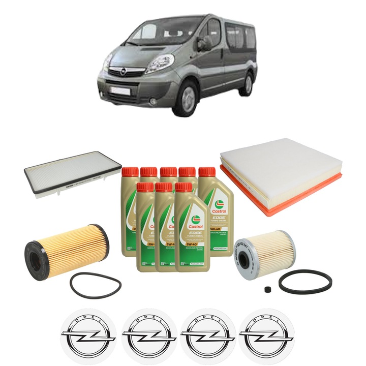 Pachet filtre revizie Bosch, 8 litrii ulei Castrol 5W40 OPEL VIVARO A Bus (X83) 2.5 CDTI (F7, J7, A07) din 2006-2010, 4x Stickere auto cu OPEL