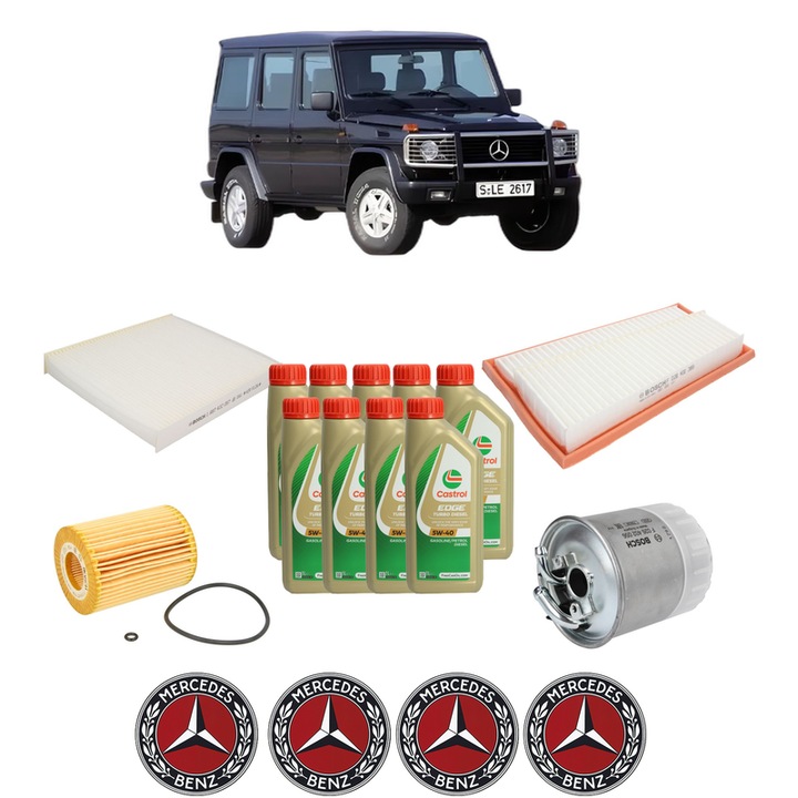 Pachet filtre revizie Bosch, 9 litrii ulei Castrol 5W40 MERCEDES-BENZ G-CLASS (W463) G 320 CDI (463.343) din 2006-2012, 4x Stickere auto cu MERCEDES-BENZ