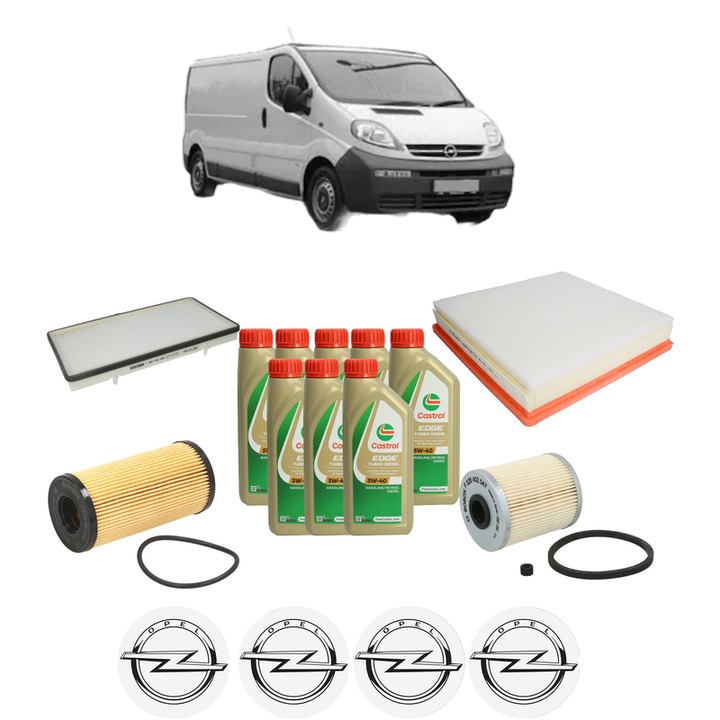 Pachet filtre revizie Bosch, 8 litri ulei Castrol 5W40 OPEL VIVARO A Van (X83) 2.0 CDTI (F7) din 2006-2014, 4x Stickere auto cu OPEL