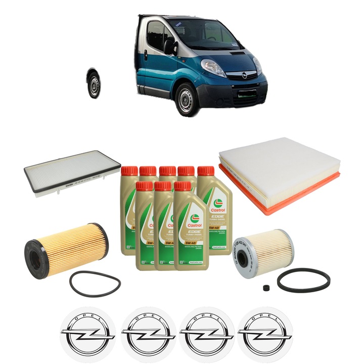 Pachet filtre revizie Bosch, 8 litrii ulei Castrol 5W40 OPEL VIVARO A Platform/Chassis (X83) 2.0 CDTI din 2006-2014, 4x Stickere auto cu OPEL