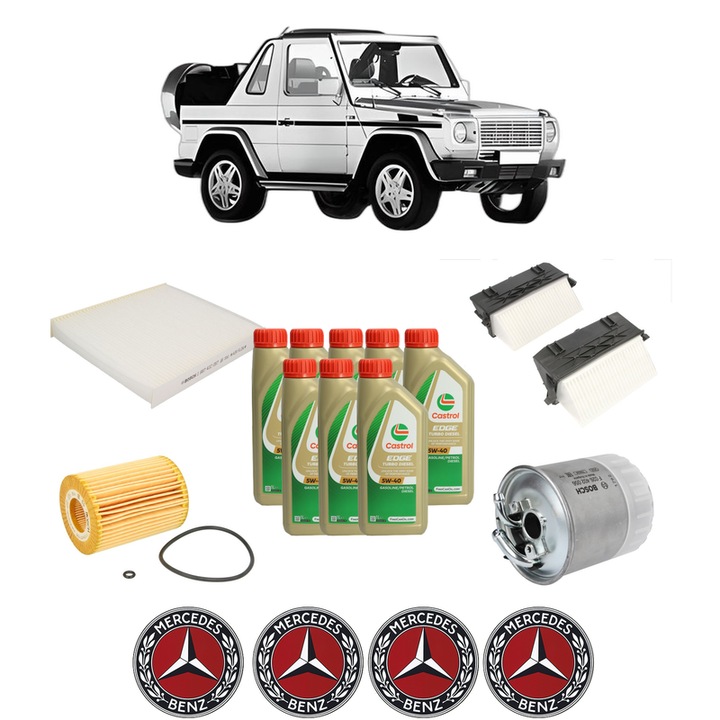 Pachet filtre revizie Bosch, 8 litrii ulei Castrol 5W40 MERCEDES-BENZ G-CLASS Cabrio (W463) G 350 CDI (463.306) din 2009-2011, 4x Stickere auto cu MERCEDES-BENZ