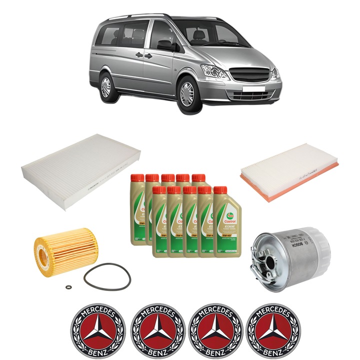 Pachet filtre revizie Bosch, 10 litrii ulei Castrol 5W40 MERCEDES-BENZ VITO Bus (W639) 122 CDI (639.701, 639.703, 639.705) din 2010, 4x Stickere auto cu MERCEDES-BENZ