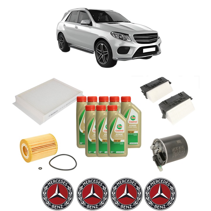 Pachet filtre revizie Bosch, 8 litrii ulei Castrol 5W40 MERCEDES-BENZ GLE (W166) 350 d 4-matic (166.024) din 2015-2018, 4x Stickere auto cu MERCEDES-BENZ