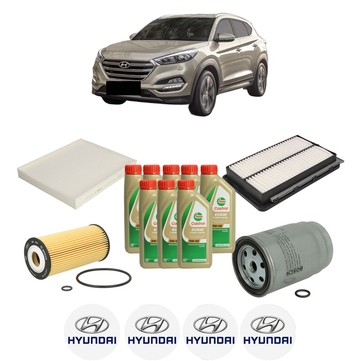 Pachet filtre revizie Bosch, 8 litrii ulei Castrol 5W40 HYUNDAI TUCSON (TL, TLE) 2.0 CRDi Hybrid 48V All-wheel Drive din 2018-2020, 4x Stickere auto cu HYUNDAI