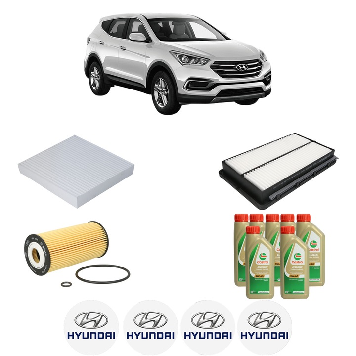 Pachet filtre revizie Bosch, 7 litrii ulei Castrol 5W40 HYUNDAI SANTA FE IV (TM, TMA) 2.0 CRDi din 2018-2020, 4x Stickere auto cu HYUNDAI