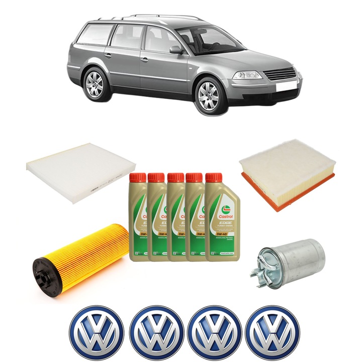 Pachet filtre revizie Bosch, 5 litri ulei Castrol 5W40 Volkswagen PASSAT B5.5 Variant (3B6) 2.5 TDI 4motion din 2003-2005, 4x Stickere auto cu Volkswagen