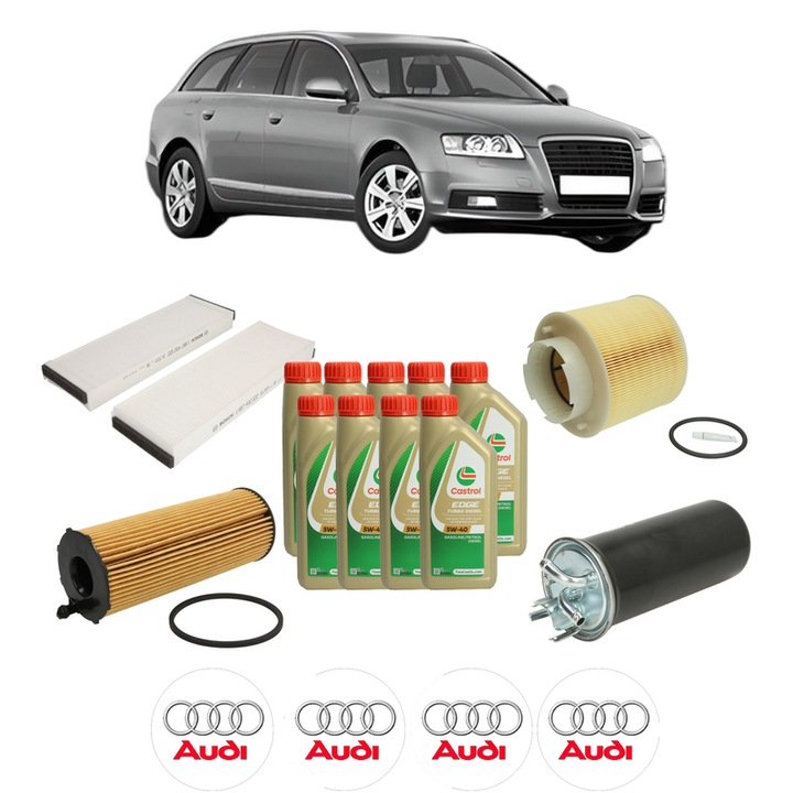 Pachet filtre revizie Bosch, 9 litrii ulei Castrol 5W40 AUDI A6 C6 Avant (4F5) 2.7 TDI din 2005-2011, 4x Stickere auto cu AUDI