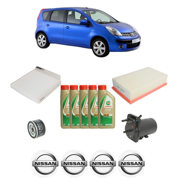 Pachet filtre revizie Bosch, 5 litrii ulei Castrol 5W40 NISSAN NOTE (E11, NE11) 1.5 dCi din 2006-2012, 4x Stickere auto cu NISSAN